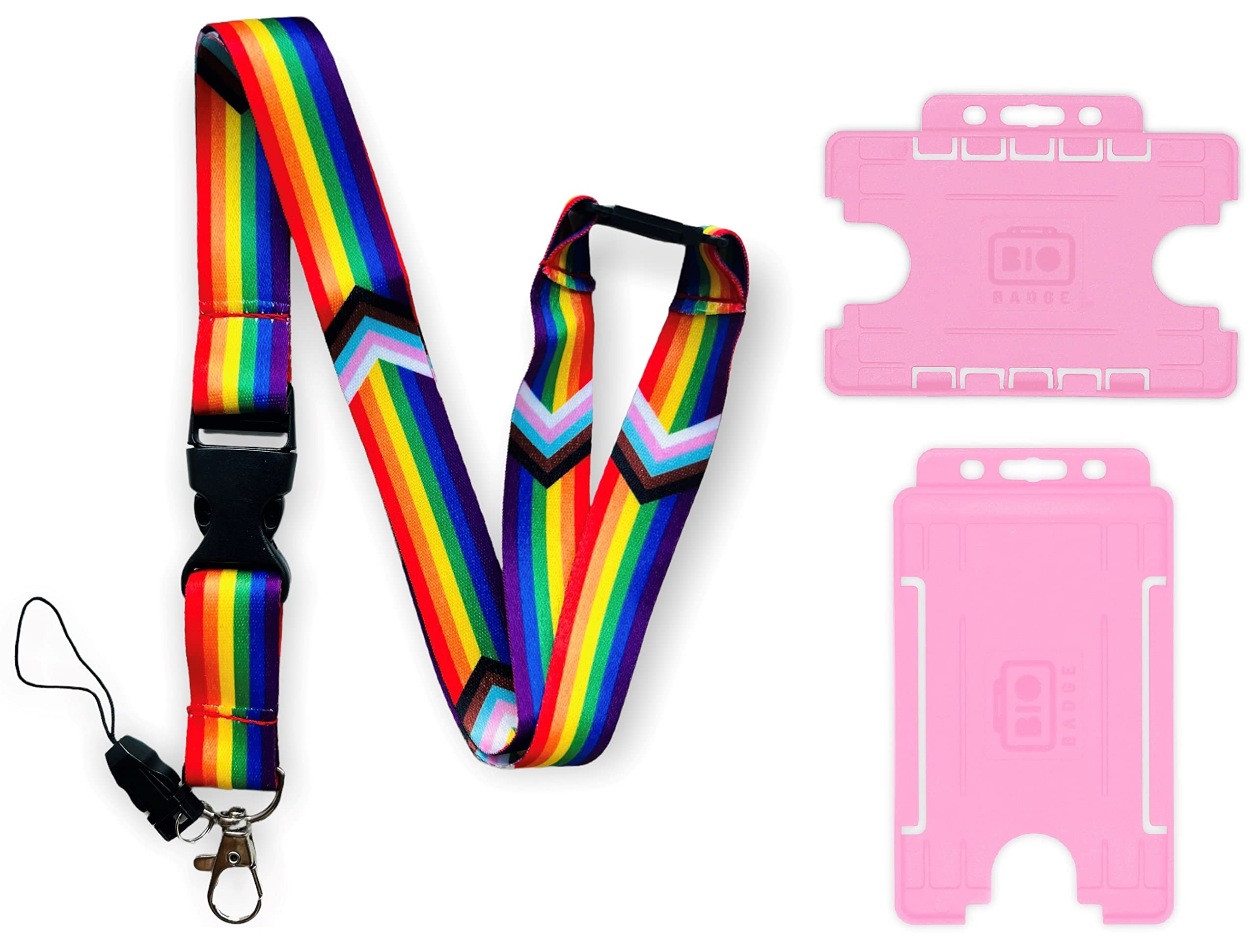 Rainbow LQBTQ Progress Pride Flag Lanyard with Detachable Buckle Clip & Double ID Card Holder (with Horizontal Card Holder)
