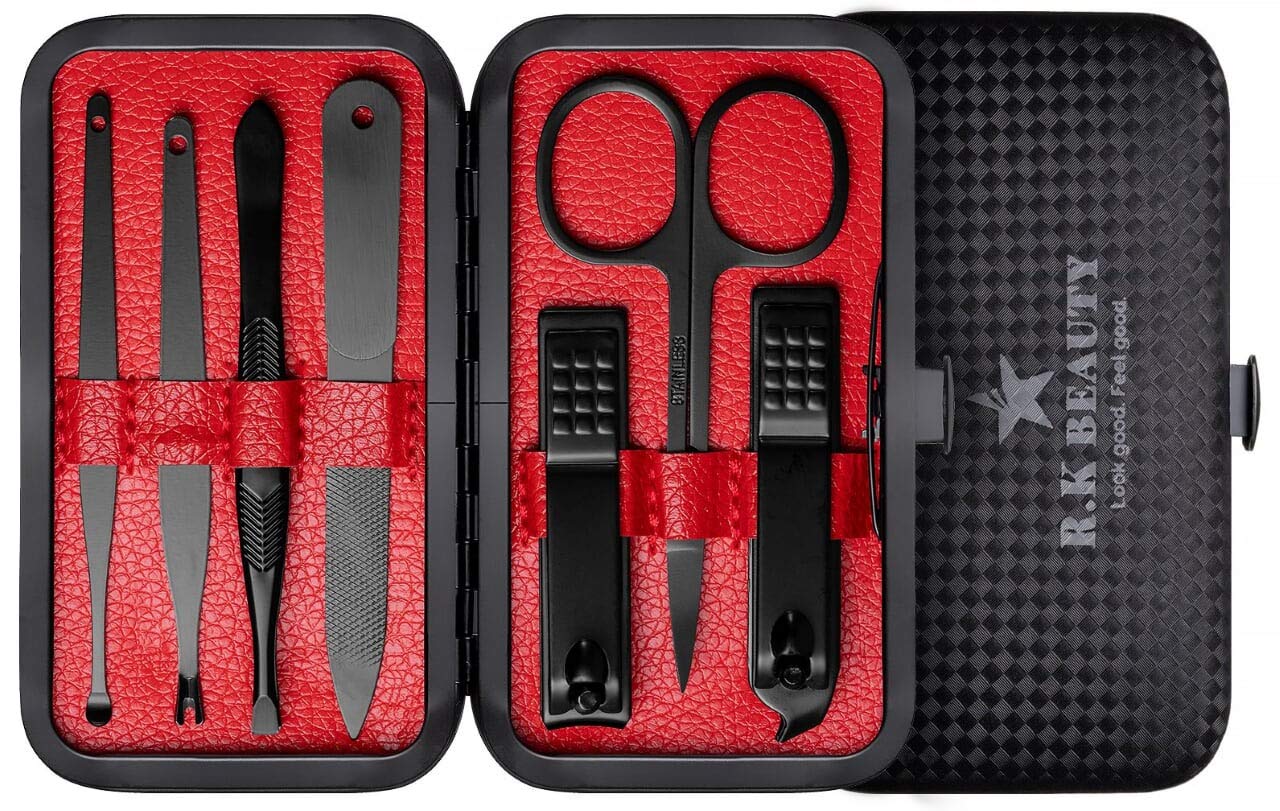 Rohans Manicure Sets 7Pcs for Men & Women, Fashion Professional Stainless Steel Nail Clippers Pedicure Kit Grooming Tools by RK Beauty (Red)