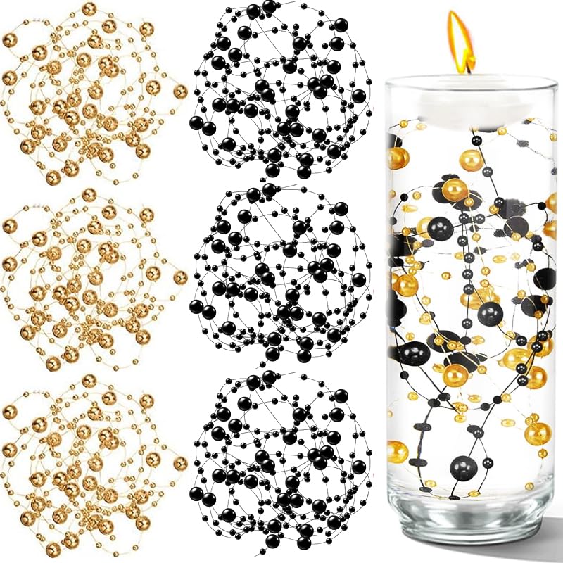 Photo 1 of 100 PCS Artificial Floating Beads for Centerpieces Vases, Black Gold 8+3mm String Beads for Wedding Party Faux Pearl String for Decorating, String Pearls for Crafts Vase Filler