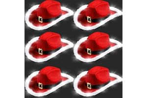 JaGely 6 Pieces Light Up Santa Claus Cowboy Hats Set, Christmas Cowgirl Hat with Lights, Red and White Festival Cowboy Hats for Women, Men Xmas Western Costume Accessories