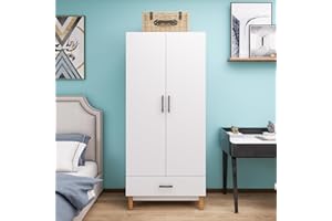 TrendTerrace White Wooden Armoire Wardrobe closet with Drawers, 2 Doors, 5 Shelves, Hanging Rod for Bedroom Armoire Storage Cabinet, Modern Freestanding Clothes Organizer, 31.5" L x19 W x70.86 H