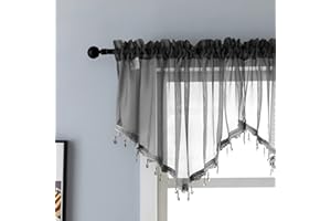 PearAge Beaded Sheer Triangle Valance Curtains for Living Room,Rod Pocket Farmhouse Window Valance, Bead Trim Tassel Voile Sheer Curtain Valance for Bedroom Bathroom Cafe 51x24 Inches (Black) 1PC
