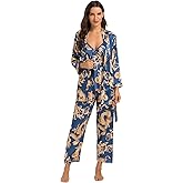 Escalier Women's Silk Satin Pajamas Set 3 Pcs Floral Silky Pj Sets Sleepwear Cami Nightwear with Robe and Pant