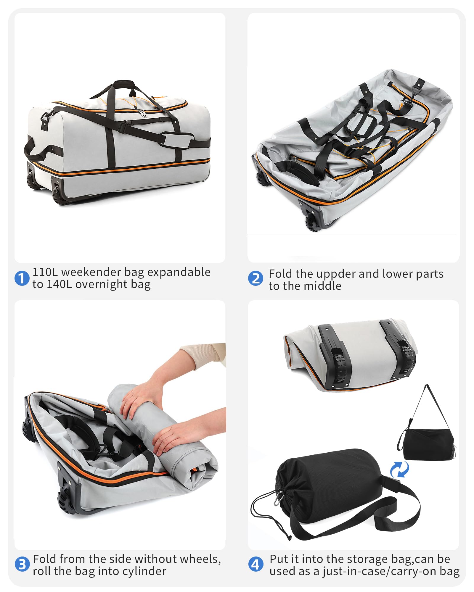 CONTAIL 32”110L Expandable 140L Rolling Duffle Bag with 2 Inline Wheels,Convertible Weekend Travel Bag with Bungee-Cord System,Grey