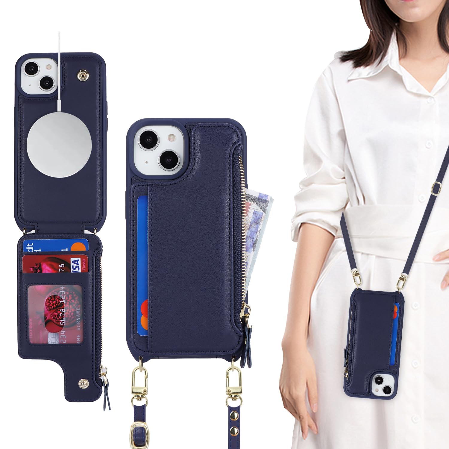 SailorTech for iPhone 15 Plus Case with Credit Card Holder magsafe, iPhone 15 Plus Phone Leather Case Wallet for Men Crossbody with mag safe Zipper Shockproof Case for Women - Blue — image 1