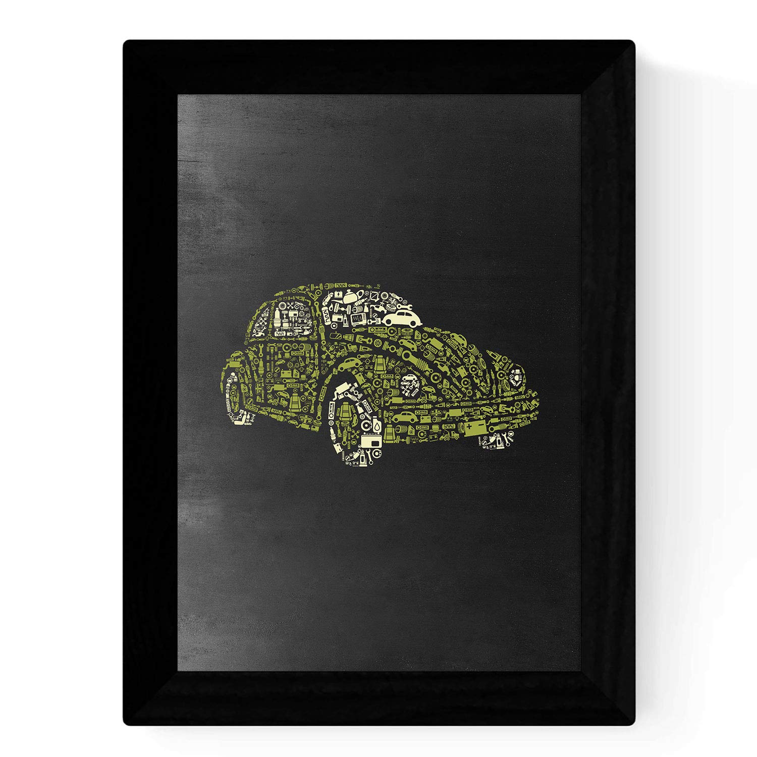 Nacnic Black and Green Beetle Car Print. Blackboard background posters in minimalist style. Size A4, frameless.
