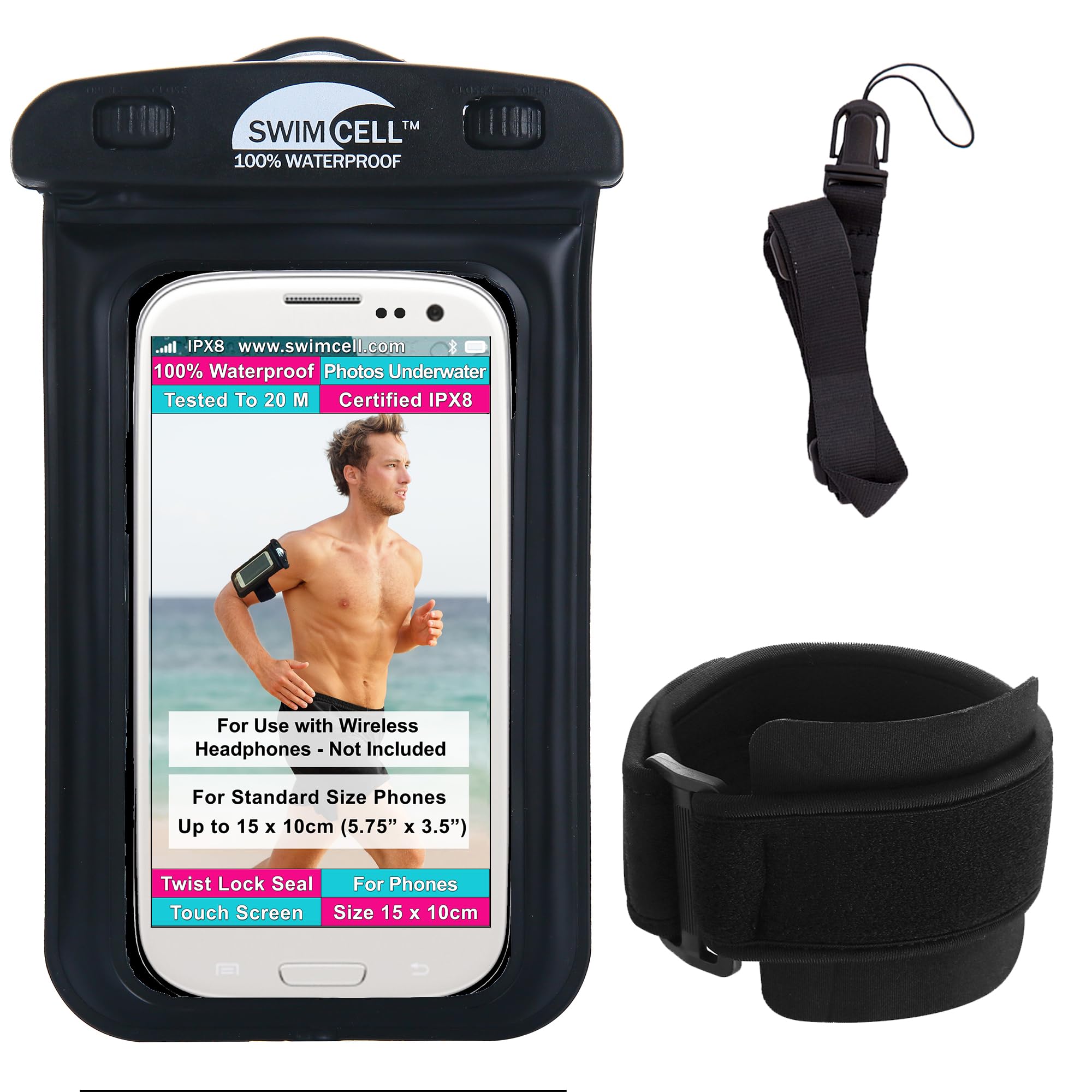Waterproof Phone Holder Armband Case For Swimming Running Walking NO HEADPHONE JACK. Fits STANDARD Size phones up to 15cm- iPhone, Samsung, Android. Adjustable Armband And Neck Lanyard. Black