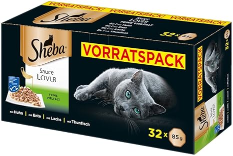 Sheba Sauce Lover – Feine Häppchen Variation (MSC) mit Sauce für ausgewachsene Katzen – 32 x 85g Katzennahrung in der Schale