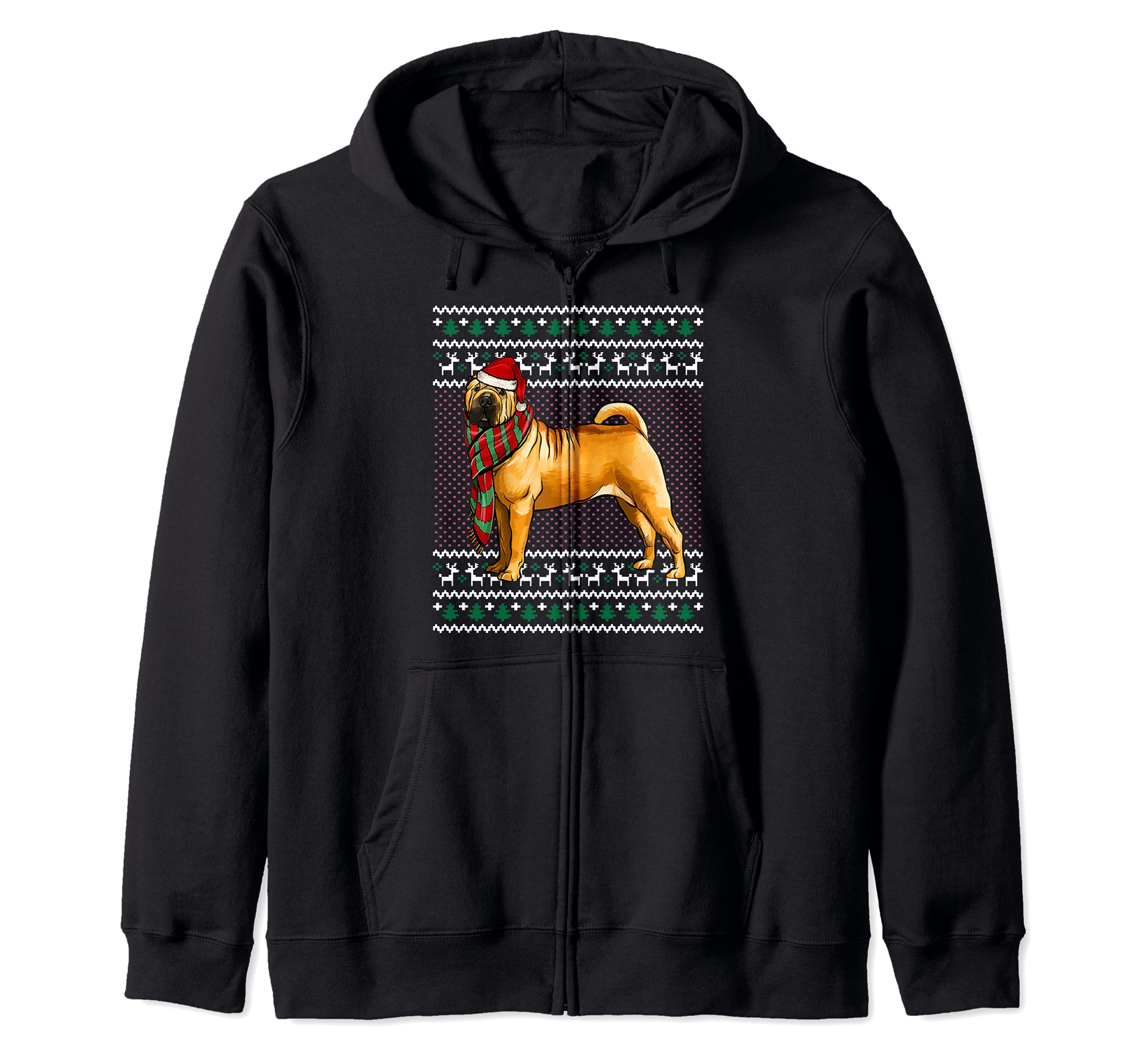 Xmas Chinese Shar-Pei Dog Santa Hat Ugly Christmas Zip Hoodie