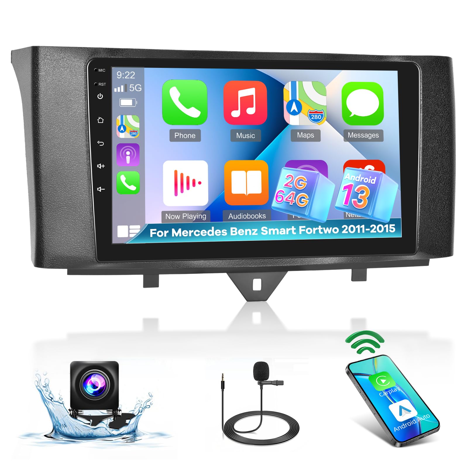 Photo 1 of (PARTIAL SET)  (UNTESTED) [2+64G] for Mercedes Benz Smart Fortwo 2011-2015 Upgrade DSP Audio, 9 inch Touchscreen Android Car Radio - Wireless Carplay & Android Auto, GPS, 5G/WiFi, Mirror Link, SWC + AHD Backup Camera