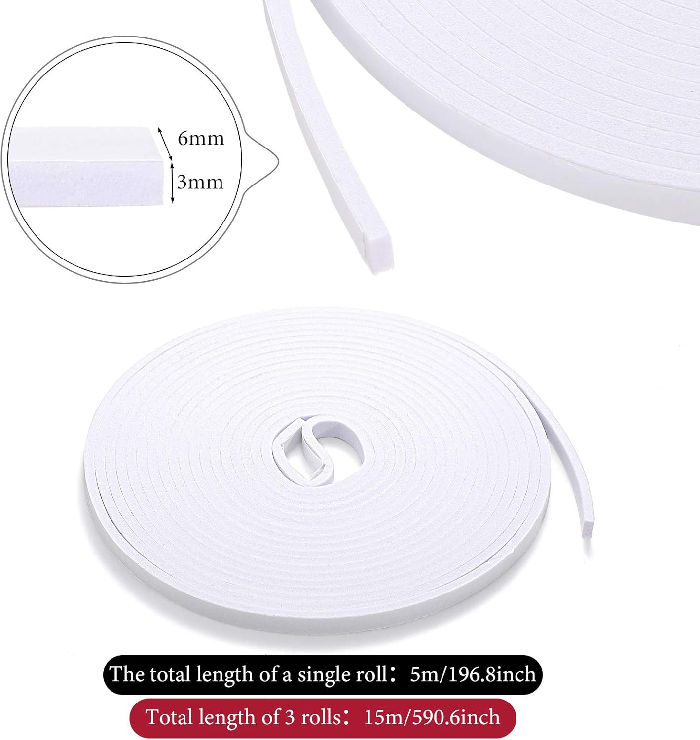 15 m Foam Weather Strips Tape Seal Strips Door Window Draught Excluder EVA Tape Self Adhesive Weatherstrips for Seal Sound Wind Noise Proof (White) - Image 3
