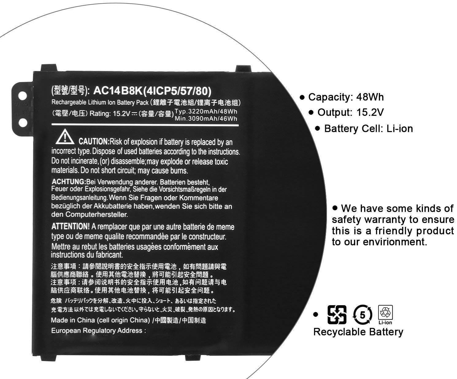 AC14B8K AP14B8K Laptop Battery Replacement for Acer Chromebook C730 C810 C910 CB3-111 CB5-311 CB5-571 CB3-531 Aspire ES1-311 ES1-411 ES1-421 ES1-431 ES1-520 ES1-521 ES1-523 ES1-531 ES1-572(15.2V 48Wh) - Image 5