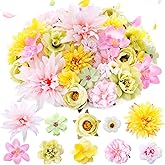 Thiccywoov 80 Pcs Assorted Fake Flower Heads Mini Artificial Flower Heads Bulk Silk Faux Daisy for Crafts Fake Peony Rose for Wedding Party Wreath Home Decoration (Pink, Green, Yellow)