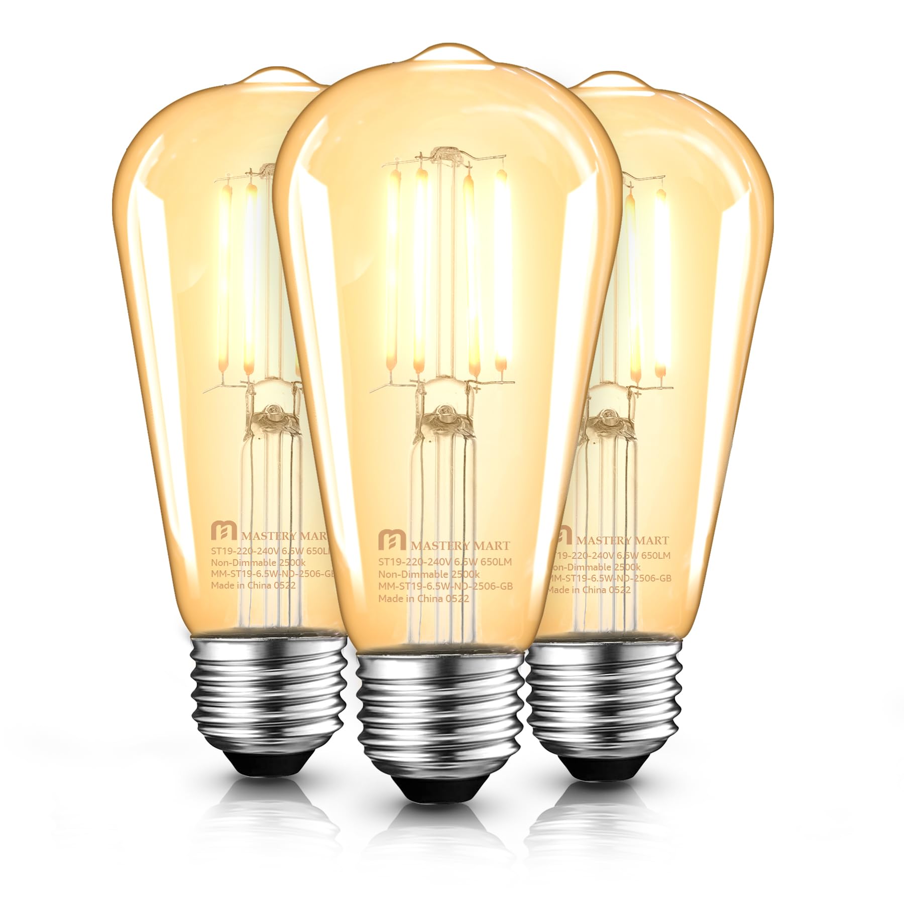 MASTERY MART E27 Vintage Light Bulbs, Non-Dimmable, 2500K Warm White, 6.5W 60W Equivalent, Retro Amber Glass ST64 Filament LED Bulb with Edison Screw Cap, 15000Hours, 650 LM, Pack of 3