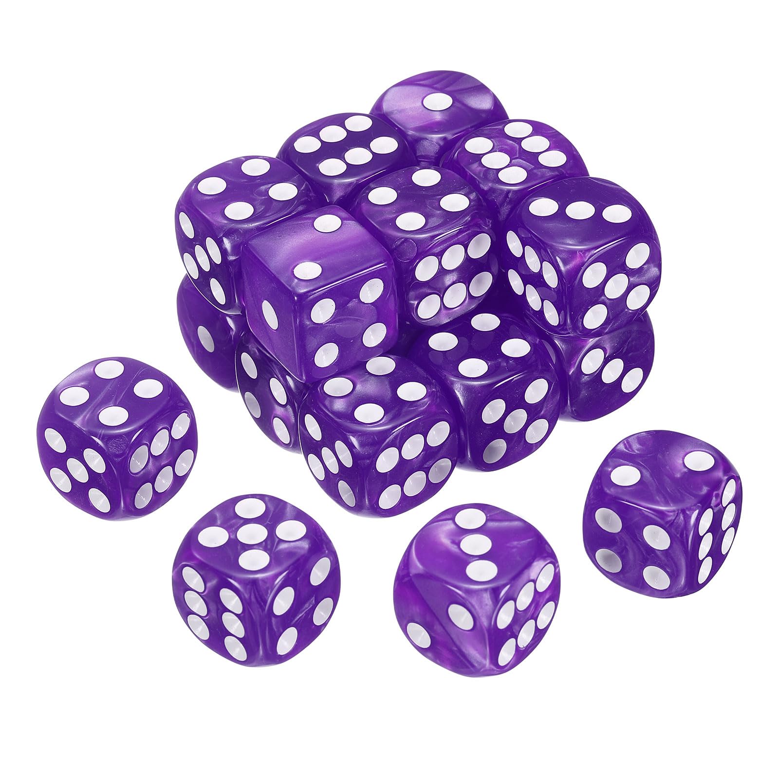 sourcing map 24Pcs 6 Sided Colored Standard Dice, 16mm Acrylic D6 Mini Polyhedral Pearl Pattern Game Dice Set for Table Games, Purple/White Point