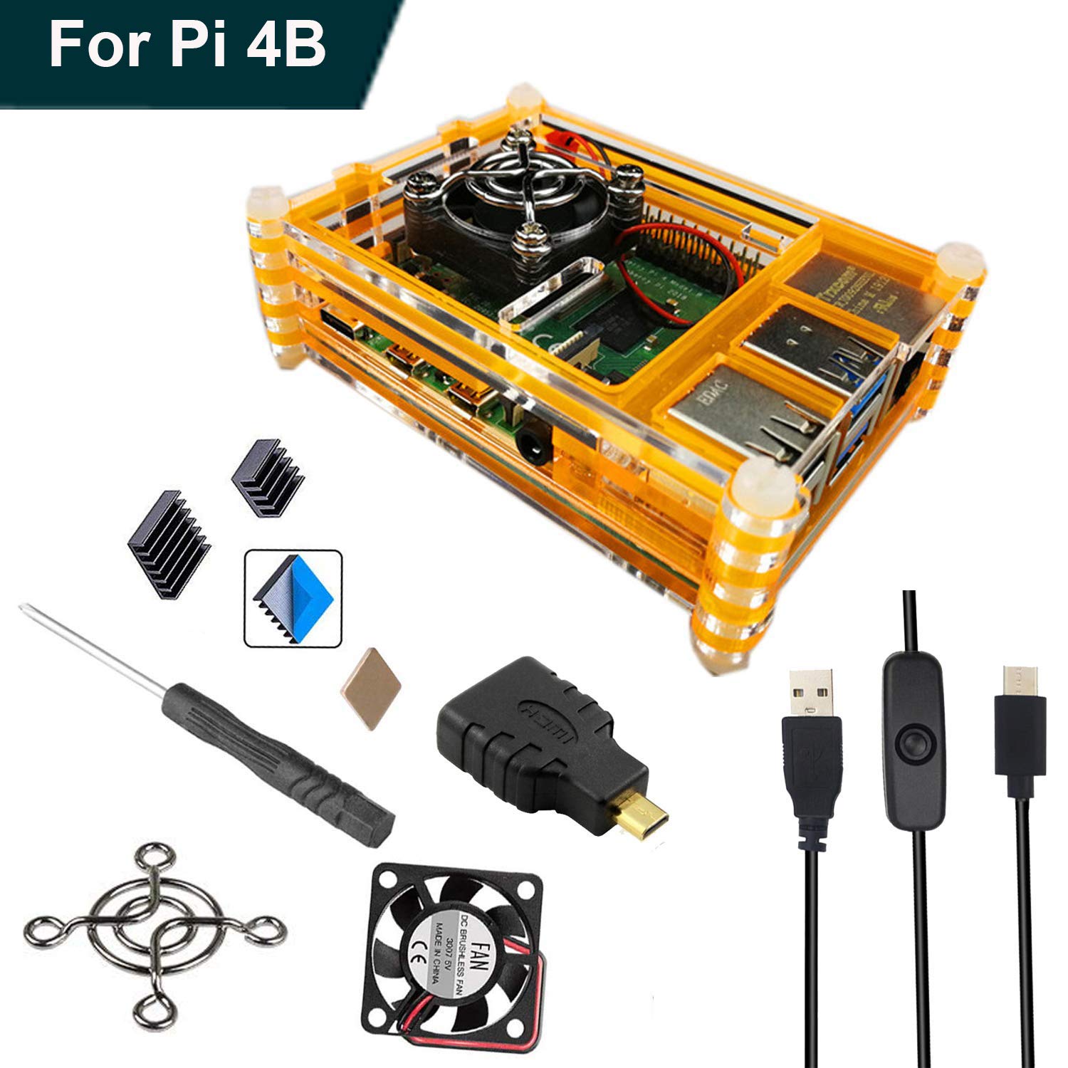 RLTech Acrylic Case for Raspberry Pi 4, Raspberry Pi 4 B Case with Cooling Fan, 3pcs Heatsinks and On/Off Switch USB Type-C Power Supply for Raspberry Pi 4 Model B (Orange)
