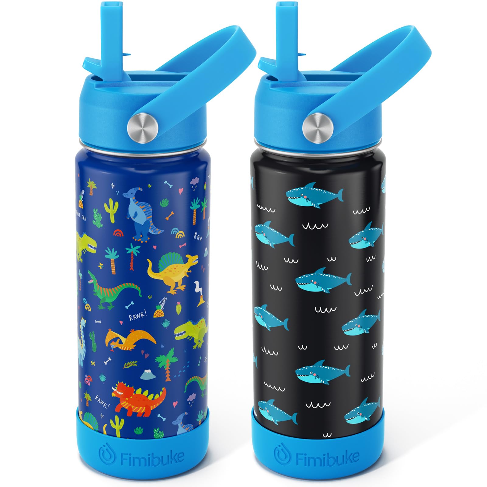 Photo 1 of Fimibuke Kids Insulated Water Bottle, 18oz BPA FREE Kids Cups with Straw Double Wall Vacuum Tumbler 18/8 Stainless Steel Leak Proof Toddler Water Bottle for School Boys Girls (2 Pack, Dinosaur/Shark)