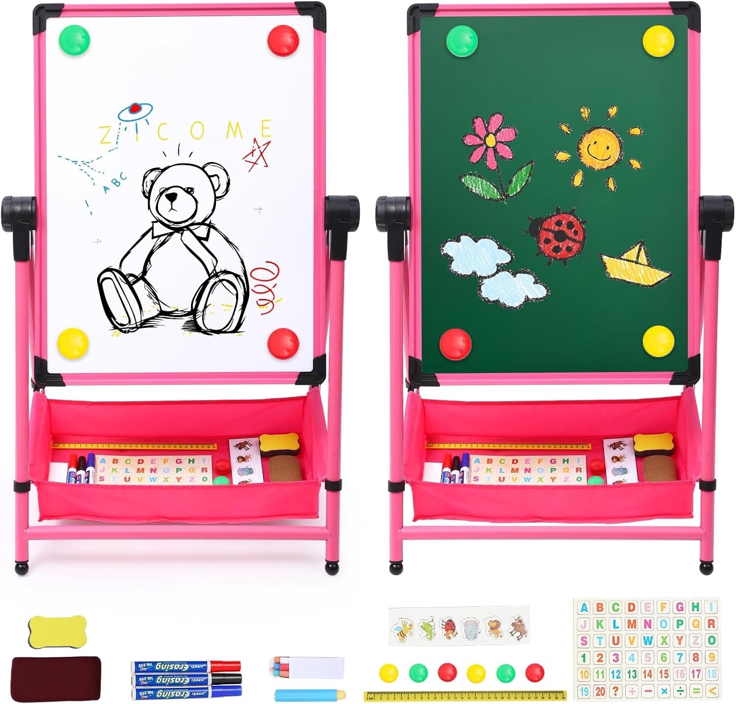 Kids Art Easel Double-Sided Whiteboard Chalkboard Iron Easels 26-43in(66-110cm) Height Adjustable Foldable Standing Easel 360° Rotating Painting Easels with Bonus Letters and Numbers Accessories