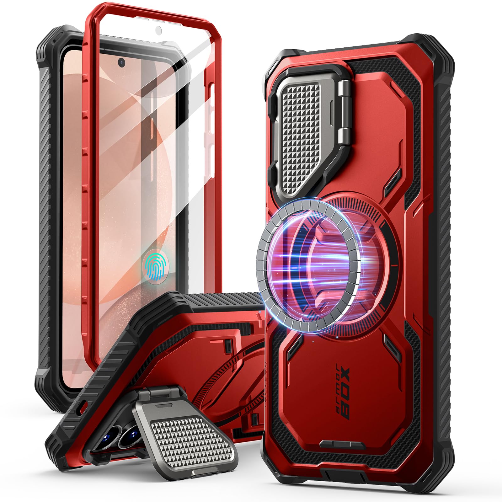 Photo 1 of i-Blason for Samsung Galaxy S25 Plus Case with Camera Cover Stand [MagSafe Compatible] [Built-in Screen Protector] Full-Body Military-Grade Protection Rugged Magnetic Phone Case for S25 Plus, Red