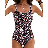 Women Tummy Control One Piece Swimsuit - 2026 Floral Print Bathing Suits Vintage Ruched Swimwear