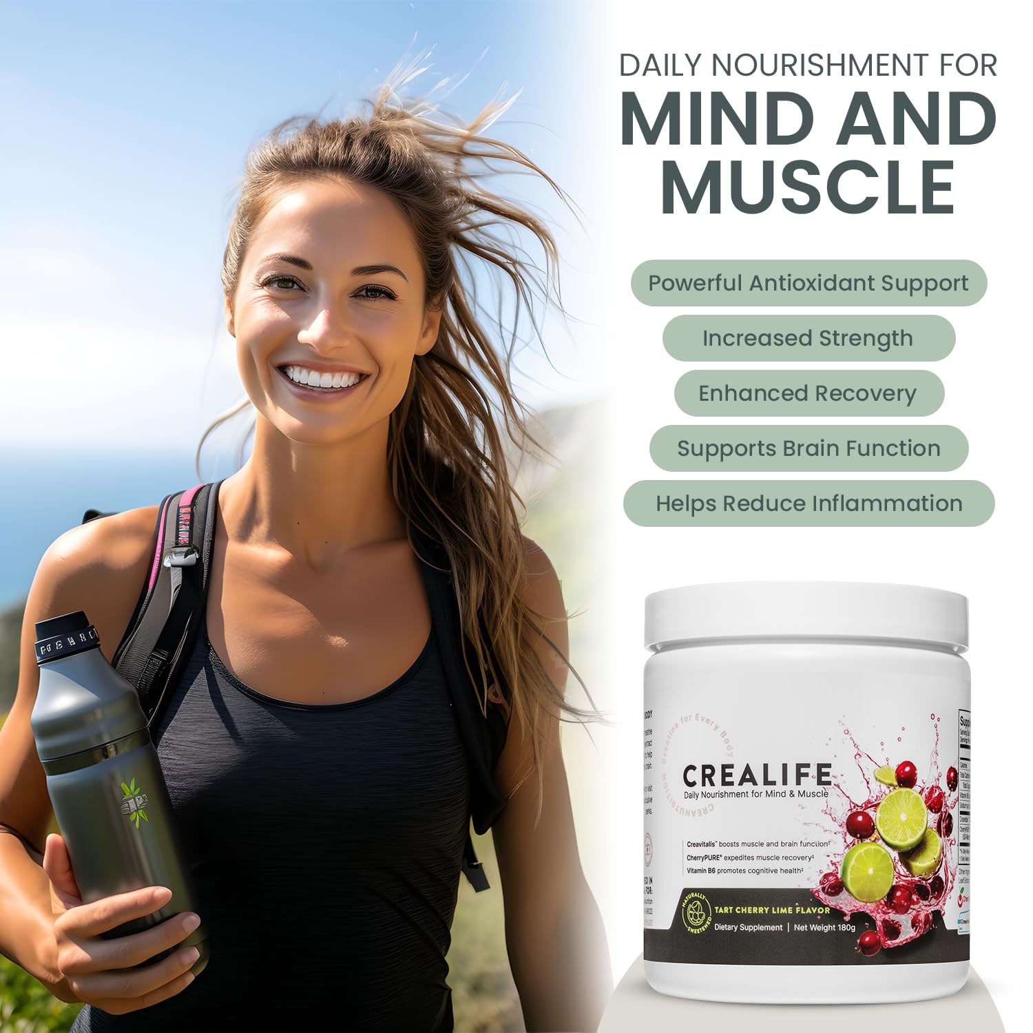 German Micronized Creatine + USA Tart Cherry + Vitamin B6 - Pre and Post Workout Supplement for Women & Men, Tart Cherry Lime Flavor, Caffeine-Free Nourishment for Body and Brain