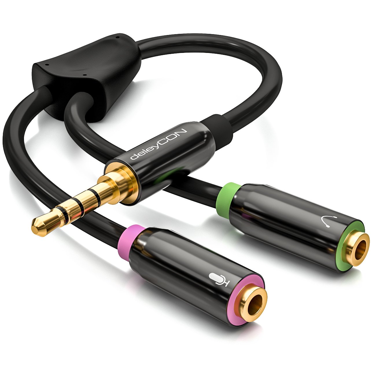deleyCON Headphone Headset Splitter - Audio Jack Y Adapter Cable Stereo - 1x 3.5mm Jack Plug to 2x 3.5mm Jack Socket - Headphone and Microphone to 1x Jack Connection