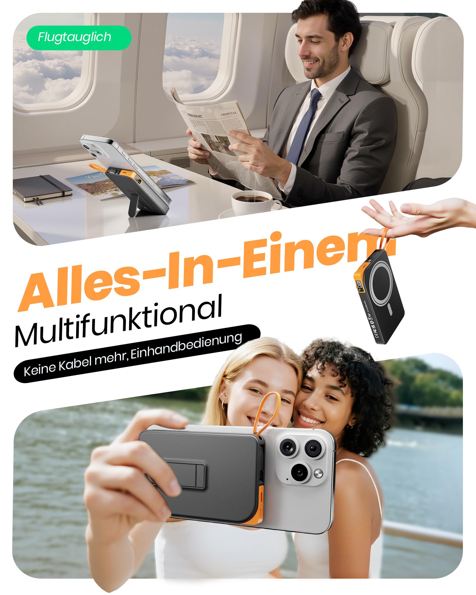 Power Bank für MagSafe iPhone 10000mAh, 3 in 1 Magnetische Schnellladen PowerBank for i-Phone Air 17/16/15/14/13/12, Wireless Powerbanks Handy mit integriertem USB-C Kabel & Ständer für Android 5