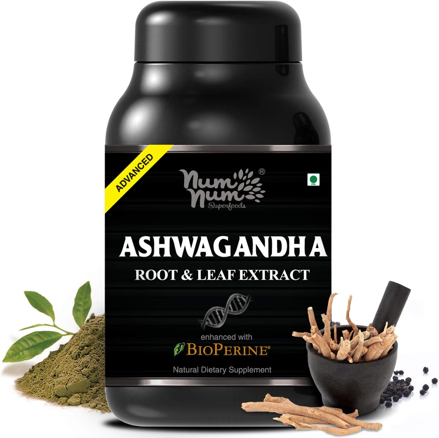 NUM NUM SUPERFOODS Indian Ashwagandha Withania Somnifera Enhanced with Bioperine Black Pepper Extract for a Balanced Mind and Body -60 Veg Capsules