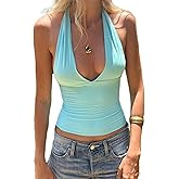 Women Sexy Halter Deep V Neck Backless Crop Tank Top Print Open Back Sleeveless Slim Fit Y2k Summer Tops