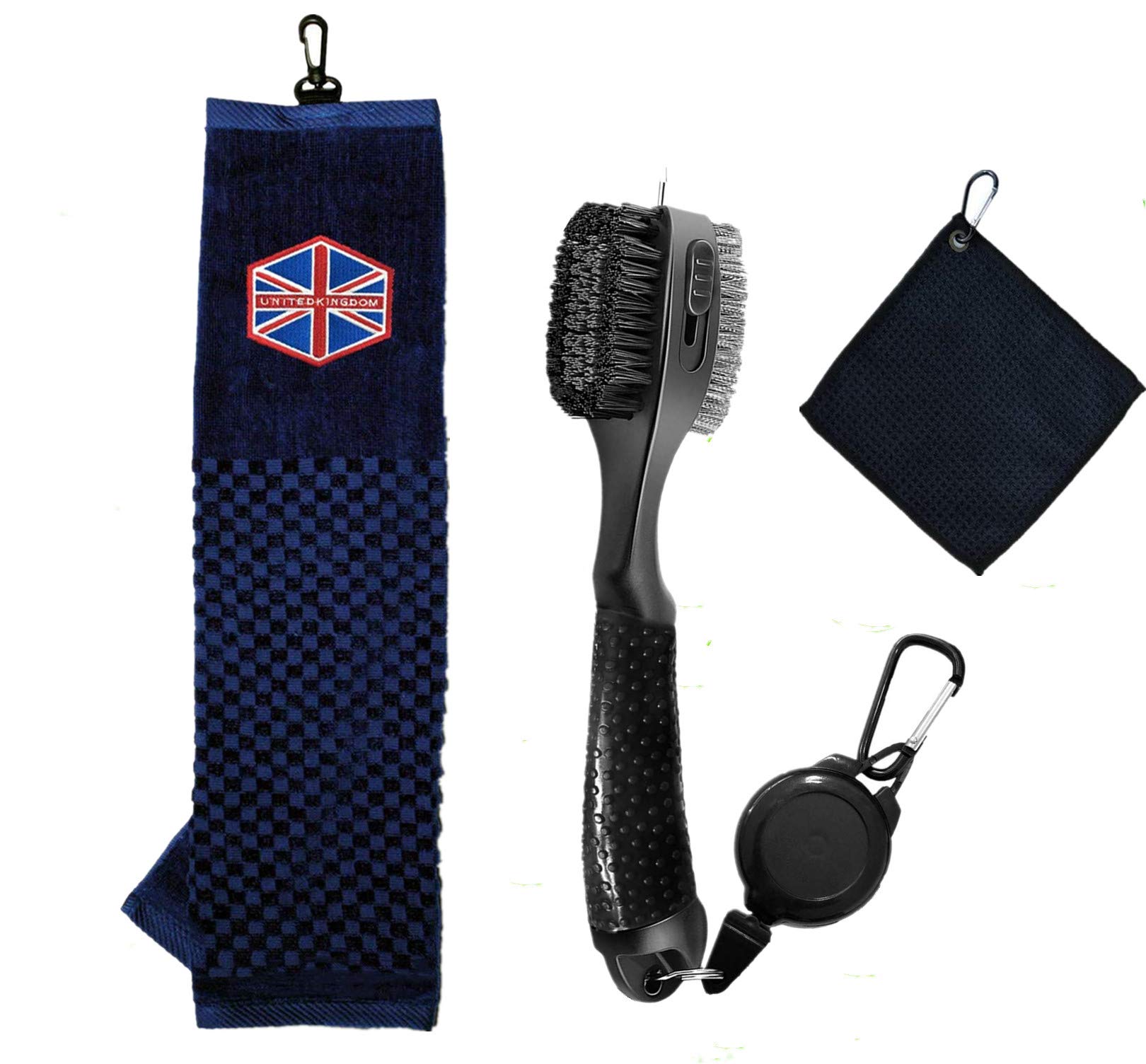 FINGER TEN Golf Towels for Golf Bag with Clip Golf Brush and 1 Pc Golf Ball Towel Value Set, Tri-fold Towel 16’’X 22" Embroidered Pattern for Men Women Golfer Sport Travel (UK Flag Towel and Brush)