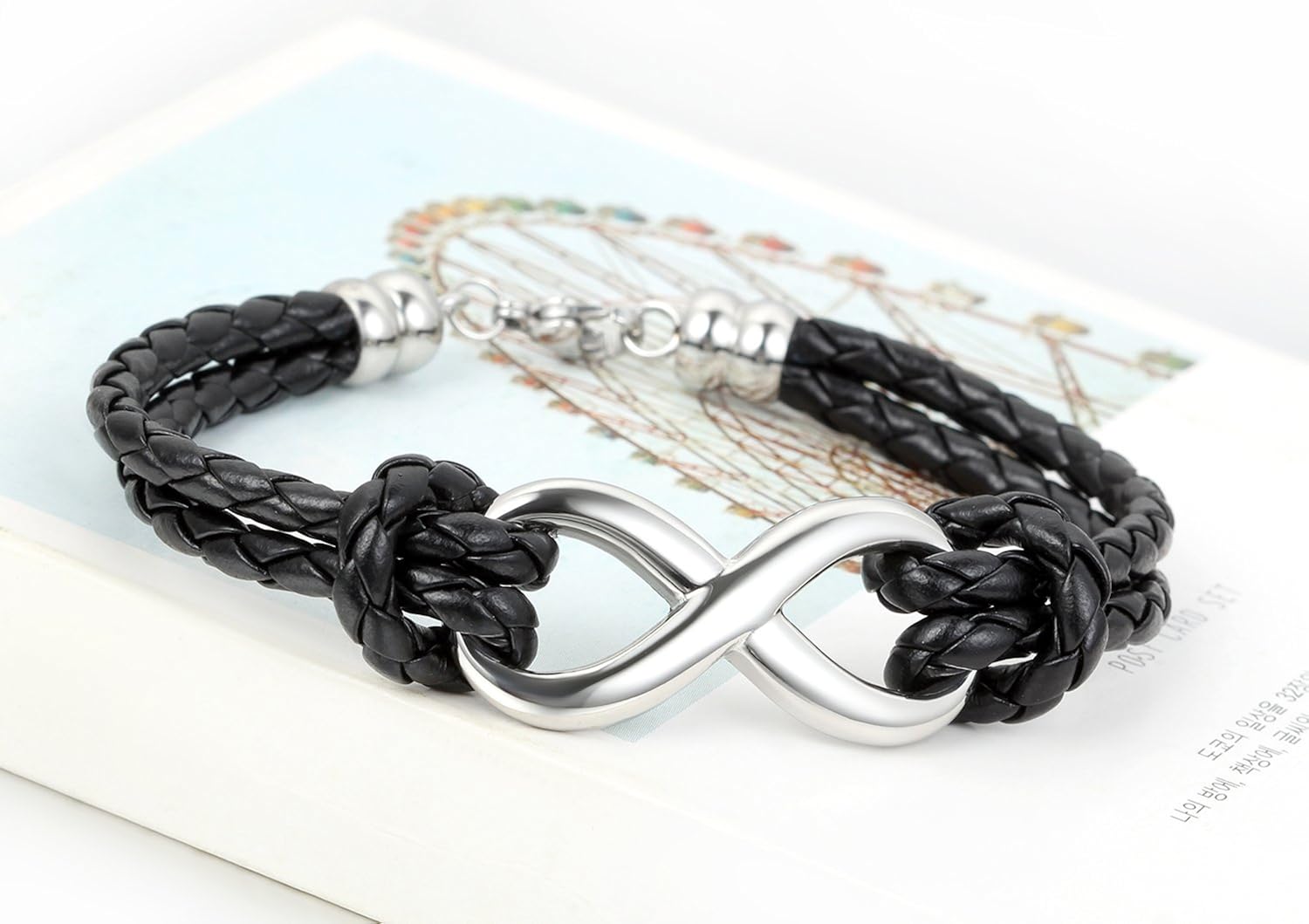JewelryWe Infinity Love Charm Bangle Leather Stainless Steel Bracelet Men Women, Black - Image 4
