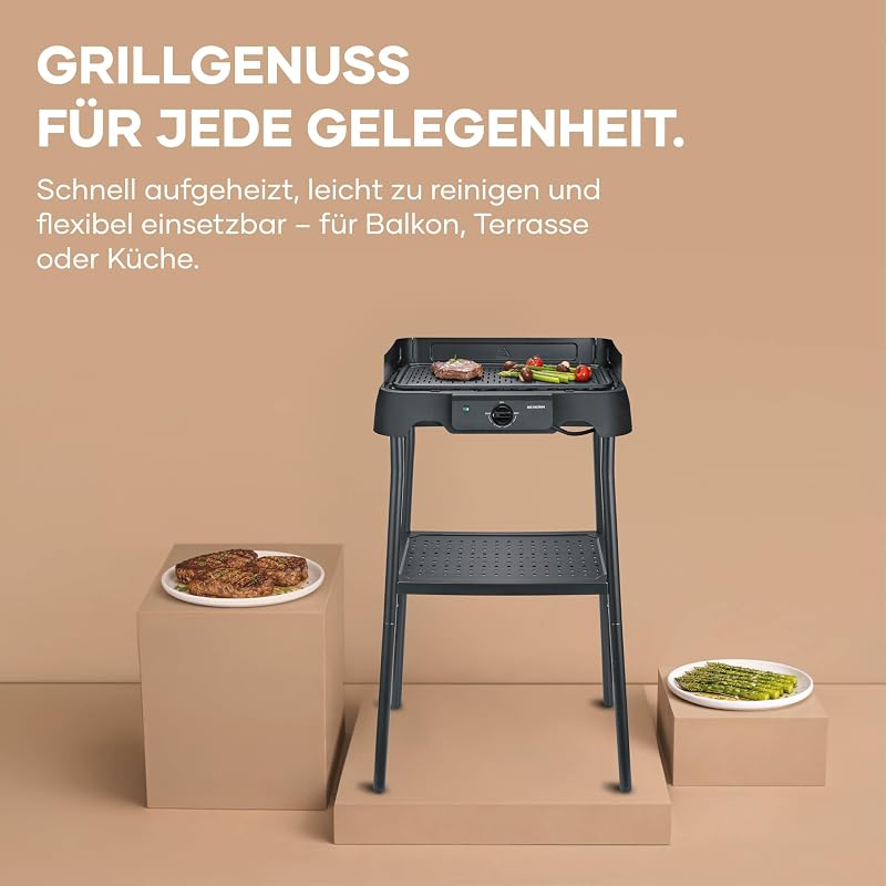 Tischgrill mit Standfuß, Standgrill & Tischgrill (Innen- & Außennutzung), Balkon & Küche, Temperaturen 40-220°C, schnelles Aufheizen, 39x23cm, leichte Reinigung, 2000W, schwarz, PG 8596