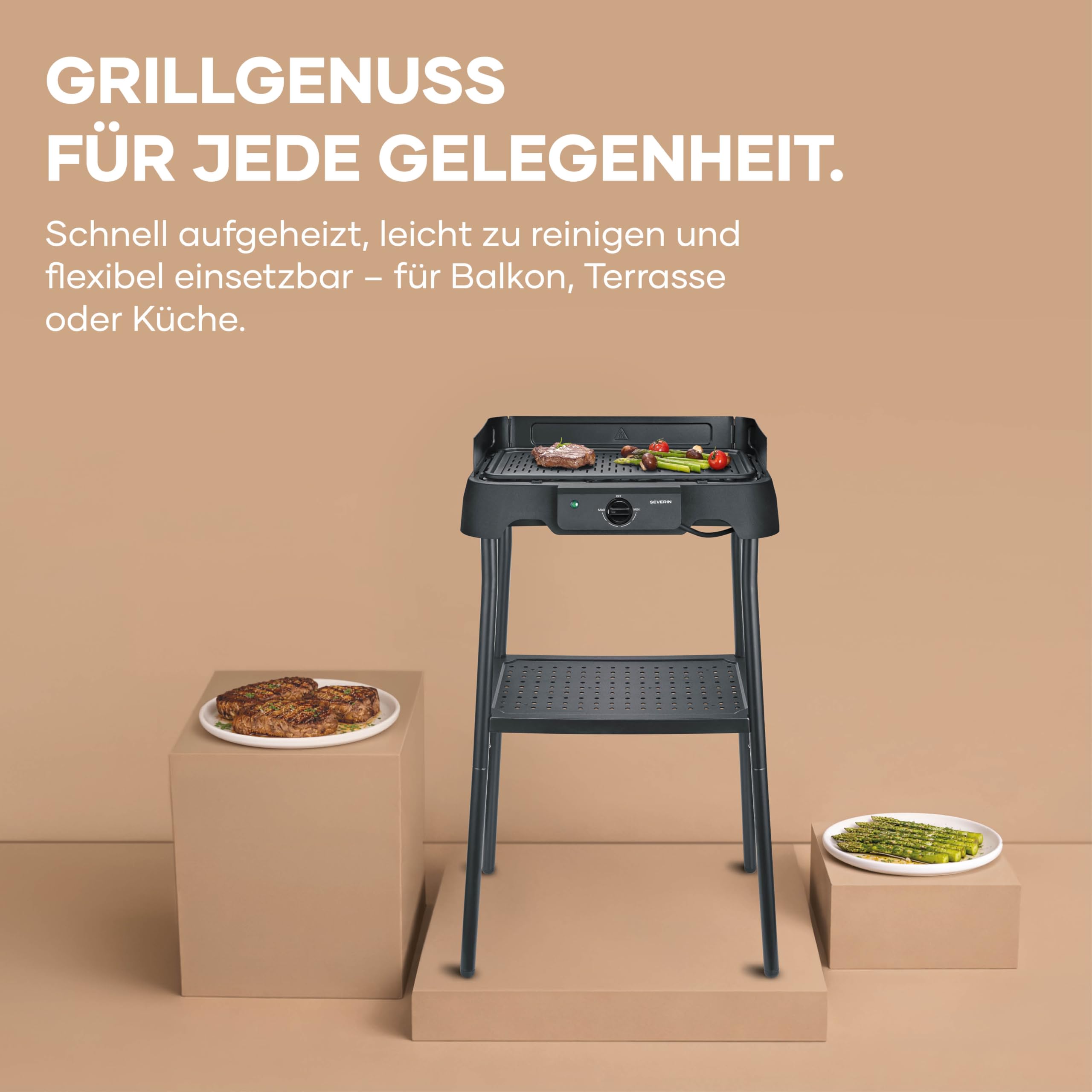 Tischgrill mit Standfuß, Standgrill & Tischgrill (Innen- & Außennutzung), Balkon & Küche, Temperaturen 40-220°C, schnelles Aufheizen, 39x23cm, leichte Reinigung, 2000W, schwarz, PG 8596