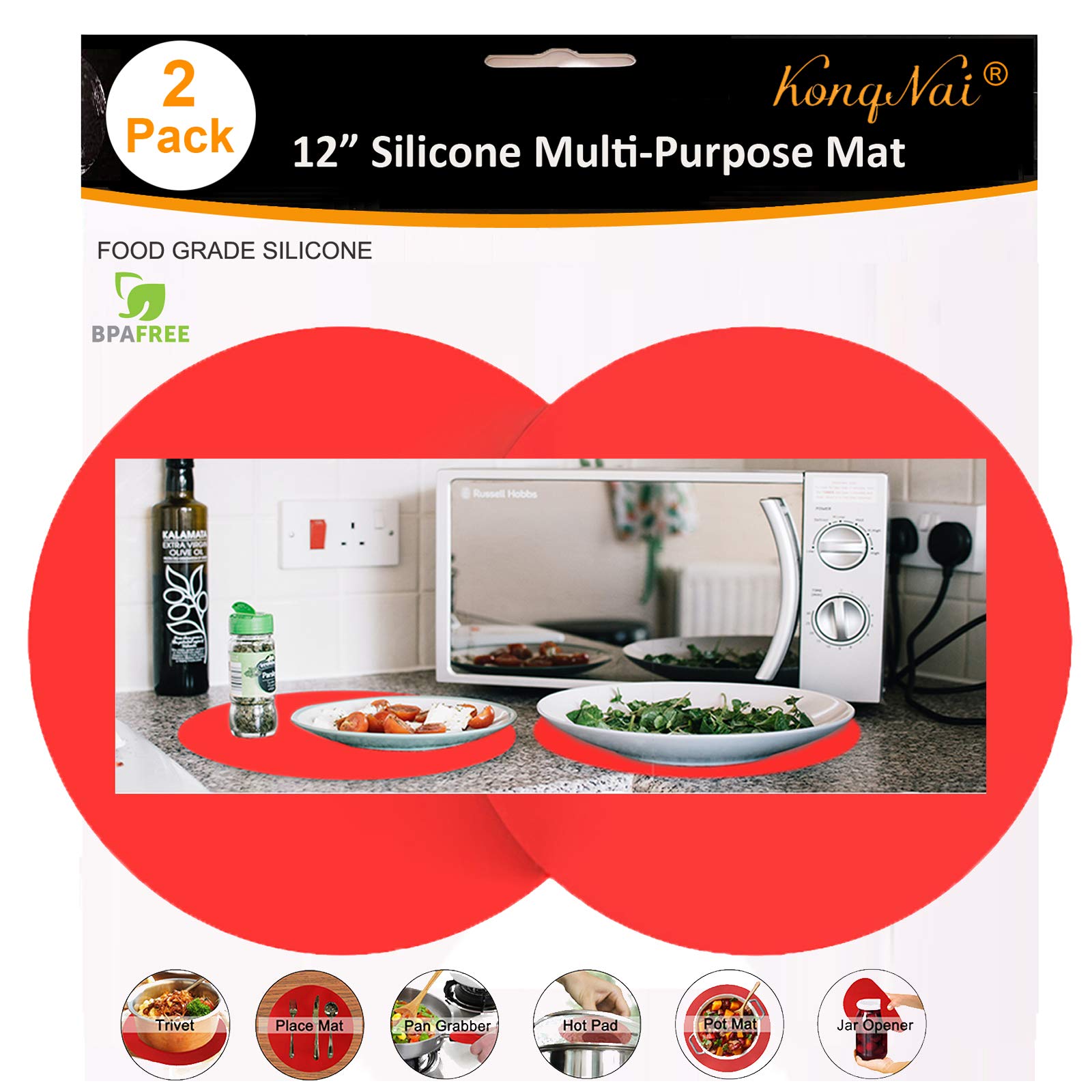 Photo 1 of Silicone Microwave Mat 12 Inch, Non Stick Turntable Safe Baking Mat for Kitchen, Multi-Purpose Heat Resistant Oven Mat 2 Pack, BPA Free Microwave Splatter Cover (Red)