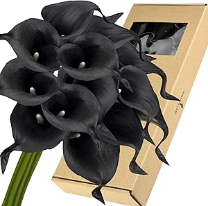 FiveSeasonStuff Real Touch Calla Lily Artificial Flowers Wedding Bridal Bouquet | Floral Arrangements | 15 Calla Lilies (Midnight Black)
