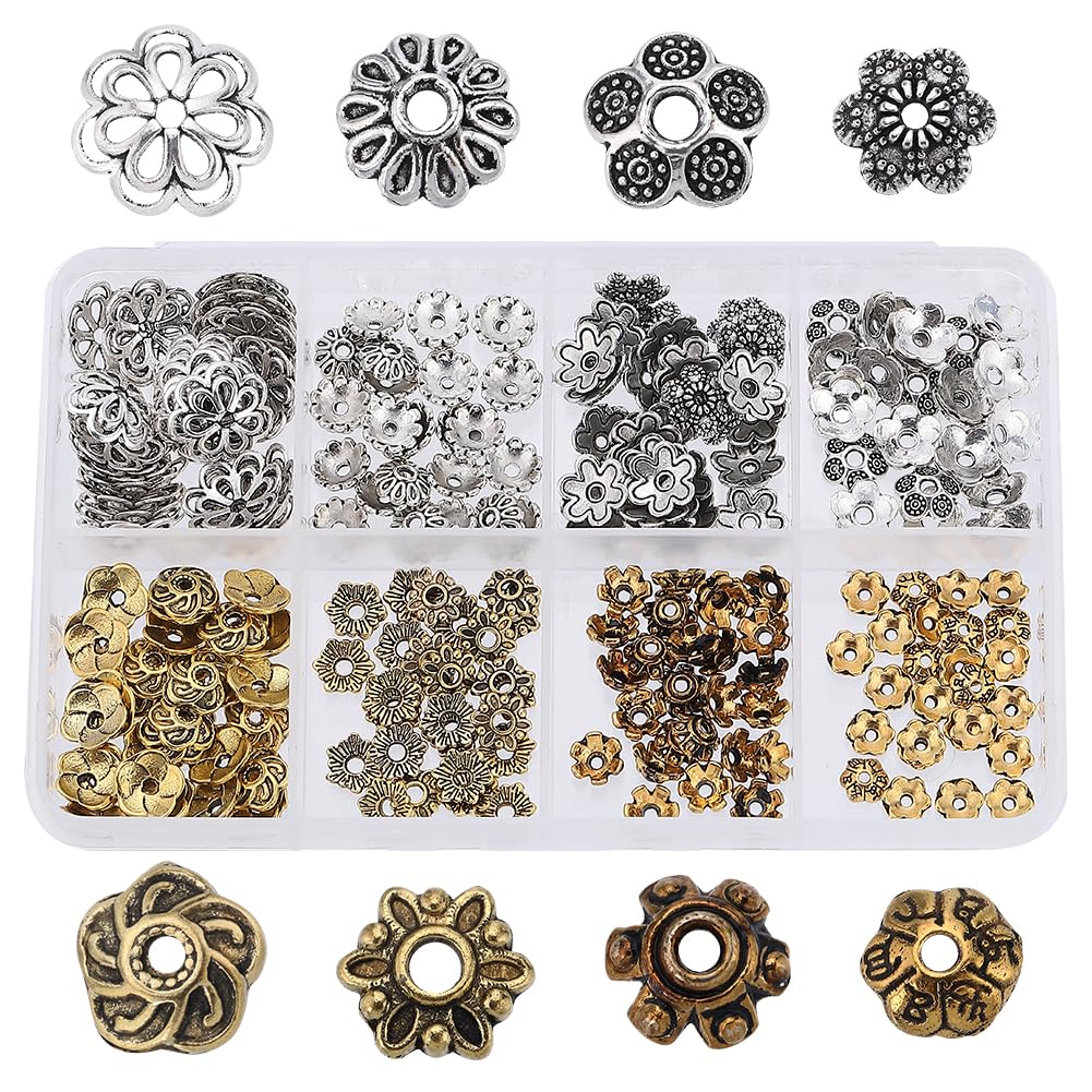 SUNNYCLUE 8 Styles 240PCS Flower Spacer Beads Cap Bali Gold Silver Tibetan Style Metal Daisy Spacers Disc Loose Beads Bulk for Jewellery Making Accessories DIY Earrings Necklace Bracelet Crafts — image 1