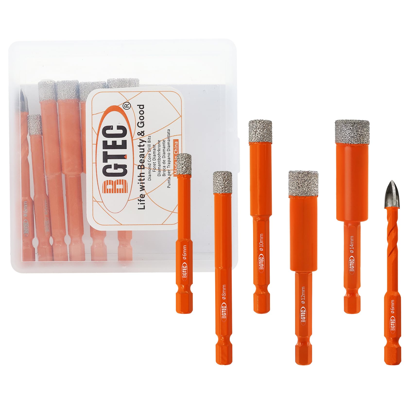 BGTEC Dry Diamond Drill Bits Set - Tile Drill Bit 6/8/10/12/14mm with Quick Change Hex Shank and 6mm Carbide Drill for Granite Marble Porcelain Ceramic，6pcs — image 1