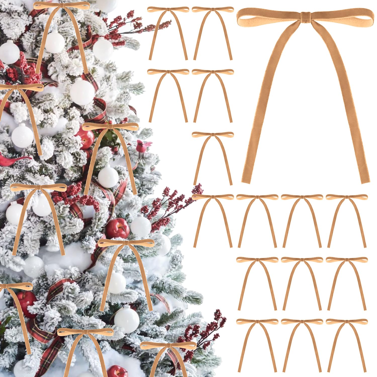 24 Velvet Christmas Bows - 5 x 7 Inch Rustic Vintage Gift Bows for Christmas Tree, Wreath, Garland (Khaki)