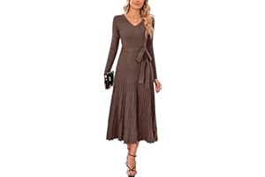 Arach&Cloz Women's Wool Blend Tie Waist Pleated Fall Sweater Dress 2025