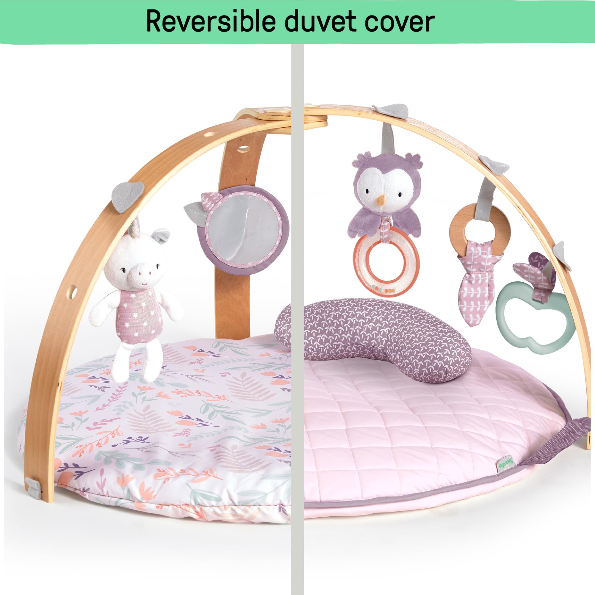 Ingenuity Cozy Spot Reversible Duvet Activity Gym & Play Mat with Wooden-Toy-bar - Calla (Pink), Newborn and up