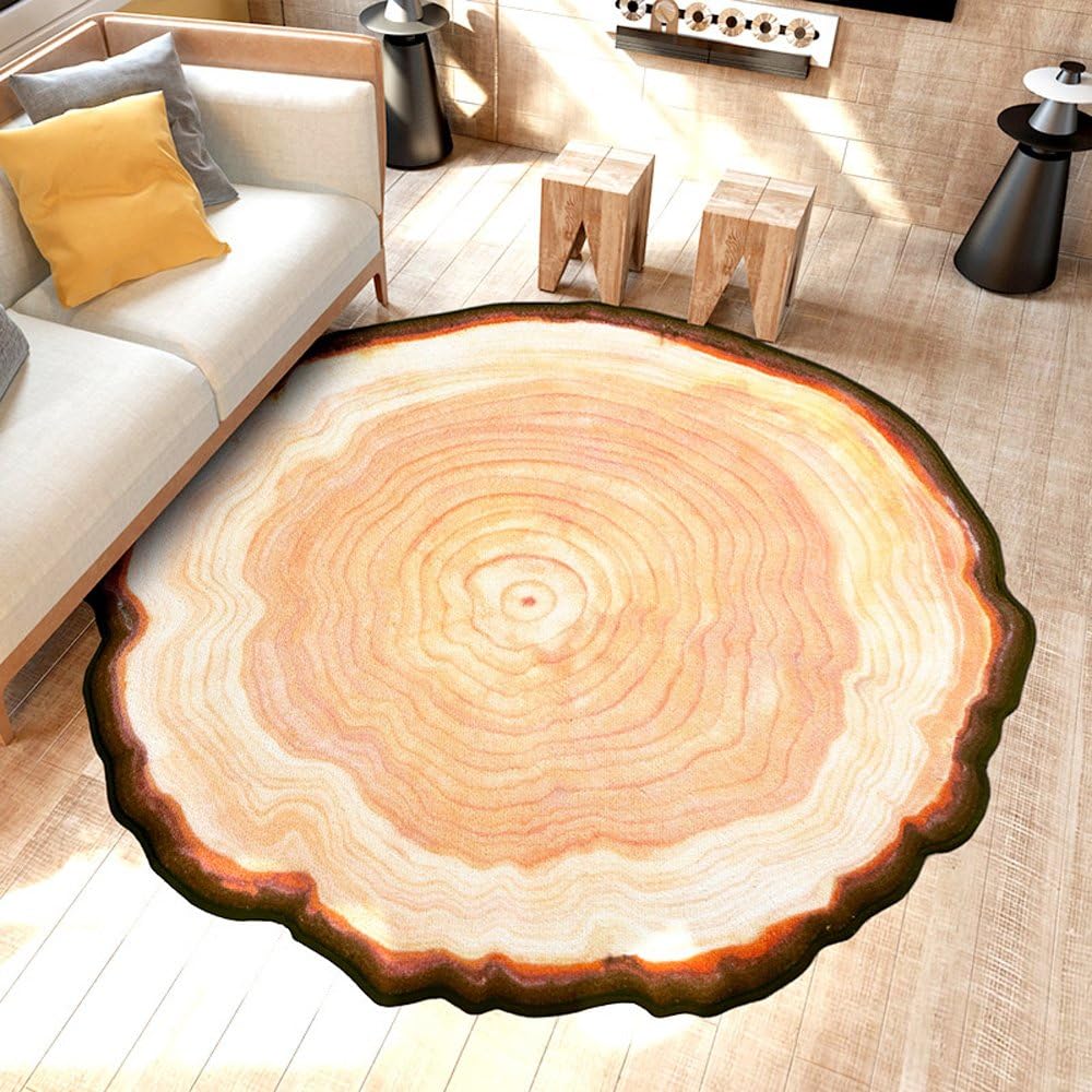 KEPSWET Rural Round Tree Rug Pad, 6.5x6.5-Feet, Modern Tree Rings Design Carpet, Living Room Bedroom Bedside Non-Slip Kids Play Decoration Floor Mat