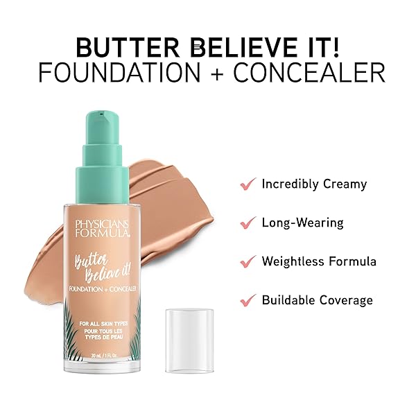 PHYSICIANS FORMULA BUTTER BELIEVE IT! FOUNDATION + CONCEALER LIGHT | DERMATOLOGIST TESTED, CLINICIALLY TESTED