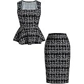 winkbay Women's 2 Piece Business Casual Outfits Plaid Peplum Square Neck Top and Pencil Skirt Cocktail Sets