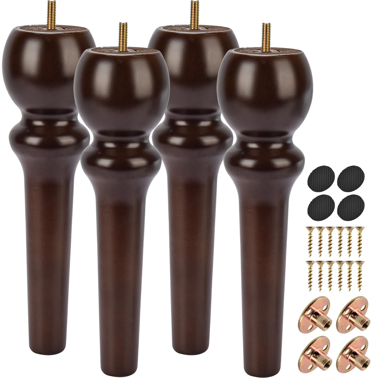 La Vane 10 inch / 26cm Wooden Furniture Legs, 4PCS Soild Wood Turned Spindle Walnut Replacement Spool Feet with Pre-Drilled M8 Inch Bolt & Mounting Plate for Couch Sofa Armchair Dresser Chest