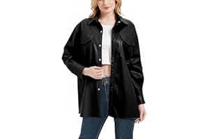 RISISSIDA Women Faux Leather Shacket Jacket Loose Fit, Spring Fall Casual Lapel Button Down Long Sleeve Pleather Shirts
