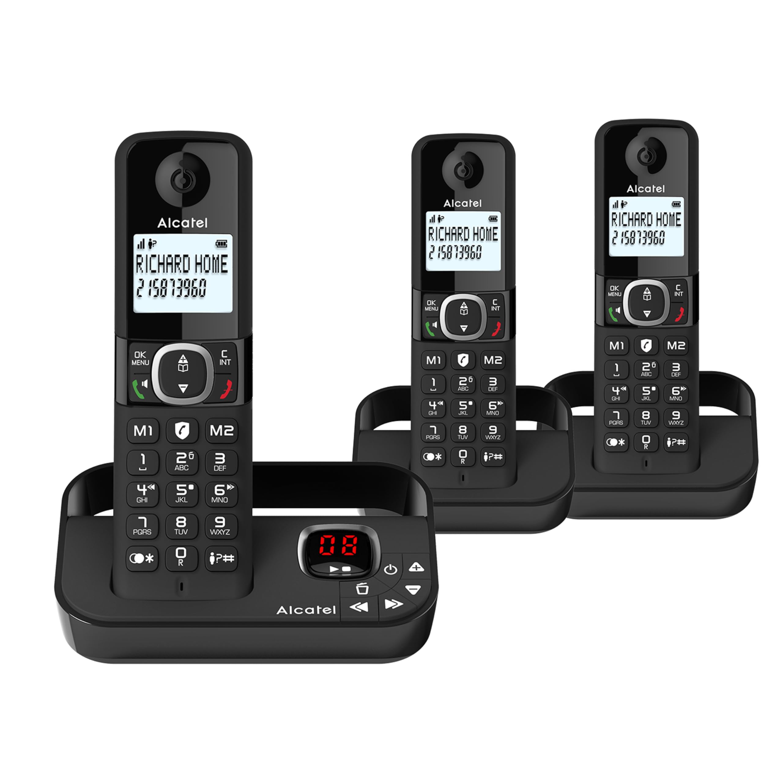 ALCATEL F860 Voice Trio - DECT Cordless Phone With Answering Machine - Large Backlit Display - Loudspeaker - Call Barring - 2 Direct Memory Keys - 3 Handsets - Black