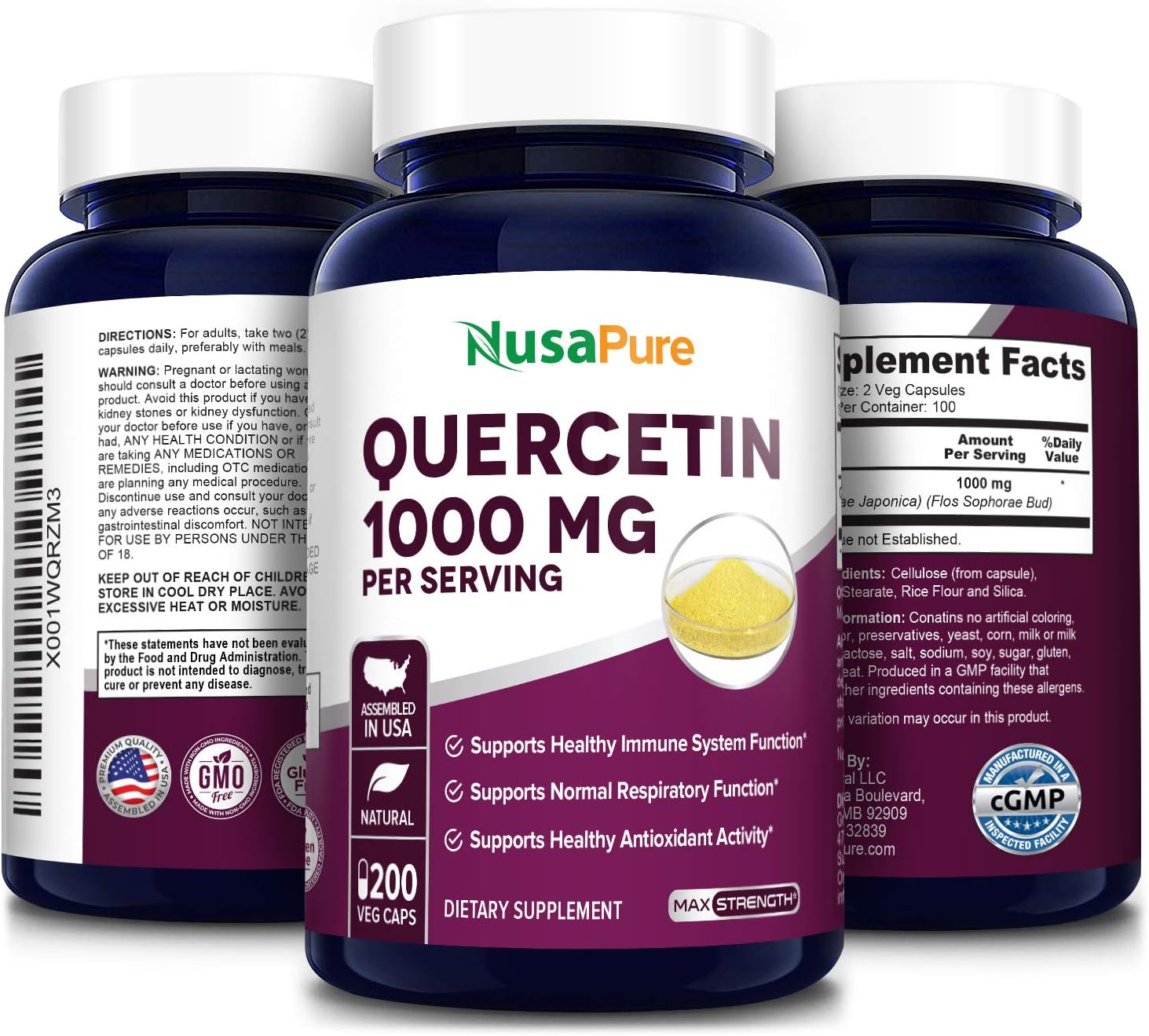 Quercetin 1000 mg 200 Vegetarian Caps (Non-GMO & Gluten Free) Dihydrate to Support Cardiovascular Health, Improve Anti-Inflammatory & Immune Response: Health & Personal Care