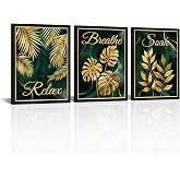 Emerald Green Gold Bathroom Decor 3 Piece Framed Wall Art Breathe Relax Soak Sign Print