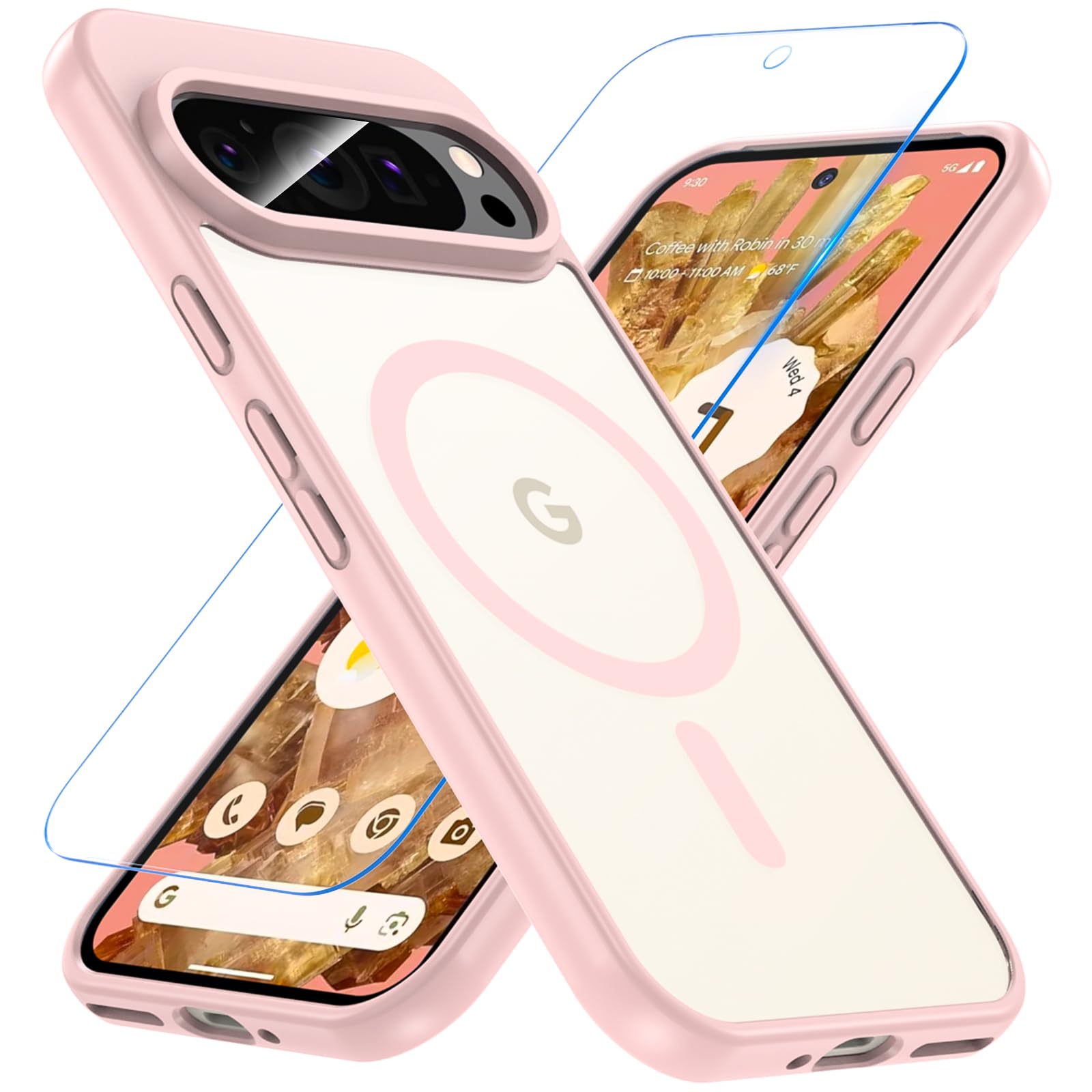 Hensinple Magnetic Case for Google Pixel 9 & 9 Pro with Tempered Glass Screen Protector, Fit for MagSafe, 360° Shockproof Clear Back Cover, Pink