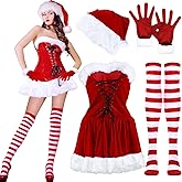 Silicherry 4 Pcs Mrs. Santa Claus Sexy Costume, Christmas Women Santa Claus Dress Outfit with Santa Hat Striped Thigh High Stockings Gloves for Adult Women Girl Christmas Party Cosplay,Red, White Mainly